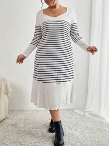 SHEIN Essnce 大碼條紋印花木耳邊洋裝 - 黑與白 - 查看 6