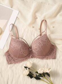 Floral Lace Underwire Bra Lingerie - Dusty Pink - View 4