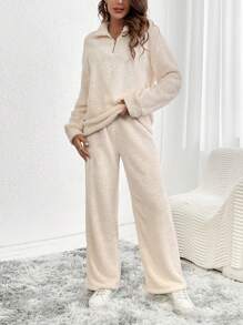 SHEIN LUNE 前拉鍊落肩袖絨毛衛衣和褲子 - 卡其色 - 查看 1