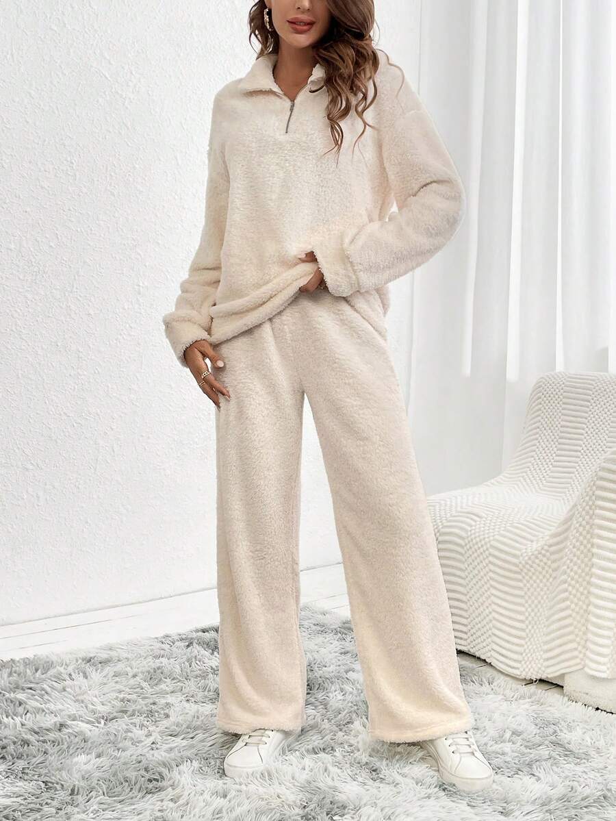 SHEIN LUNE 前拉鍊落肩袖絨毛衛衣和褲子 - 卡其色 - 查看 1