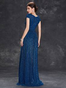 閃亮v字背禮服 - 水鴨藍 - 查看 2