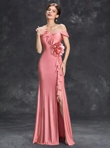 Asymmetrical Neck Ruffle Trim Split Thigh Bridesmaid Dress - Rose Red - View 5