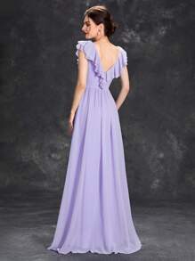 Vestido De Dama De Honor Delantero Con Corte De Adorno De Volantes - Lila Púrpura - Ver 2