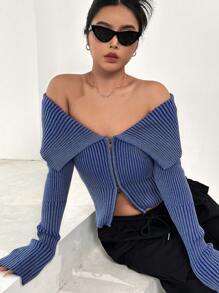 SHEIN EZwear Foldover Off Shoulder Zip Up Cardigan In Fall/Winter