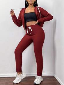 Slaydiva Drop Shoulder Drawstring Hoodie & Sweatpants - Burgundy - View 4