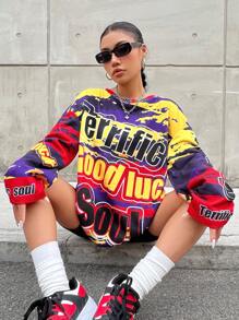 SHEIN Coolane 全印花落肩 T 卹 - 紅色 - 查看 4