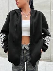 SHEIN EZwear 女士字母印花拉鍊前開帽衫 - 黑色 - 查看 3