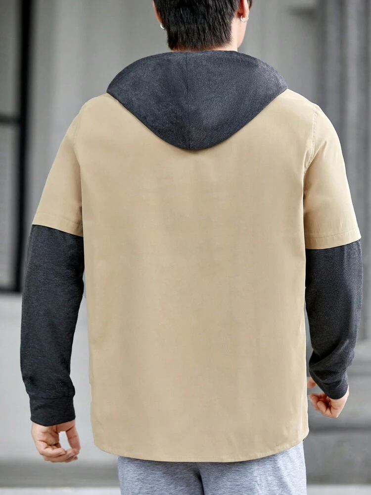 Loose Fit Men's Hooded 2-In-1 Shirt With Letter Patch