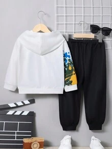 SHEIN 男童休閒舒適趣味恐龍圖案連帽衛衣加上色彩噴繪圖案針織長褲套裝 - 白色 - 查看 2