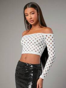 SHEIN BAE Off Shoulder Hollow Out Crop Tee - White - View 5