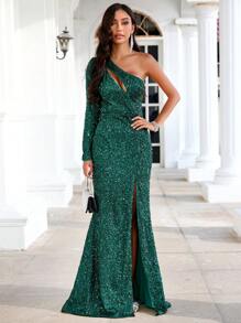 SHEIN Belle Một bờ vai Cắt ra Tách đùi Kim sa Ăn mặc trang trọng - Màu xanh lá cây đậm - Xem 5