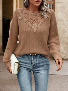 SHEIN Clasi Guipure Lace Appliques Drop Shoulder Sweater - Khaki - View 4