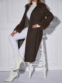 SHEIN Clasi Fuzzy Trim Open Front Coat - Coffee Brown - View 5