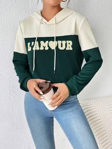 SHEIN Frenchy Lá thư Đổ xô Hai âm Dây rút Hoodie - Nhiều màu - Xem 3