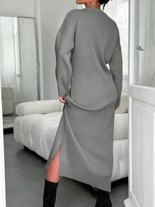 EURMUSE Women'S Drop Shoulder Split Sweater Dress - Grey - View 2