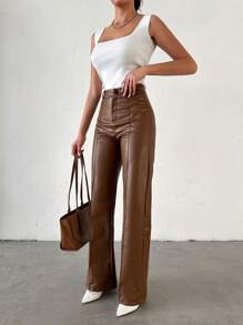 EURMUSE Seam Front Straight Leg Pants - Brown - View 4
