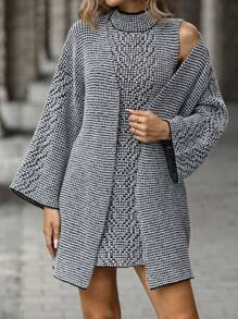 SHEIN Clasi Mock Neck Sweater Dress & Drop Shoulder Cardigan - Grey - View 3