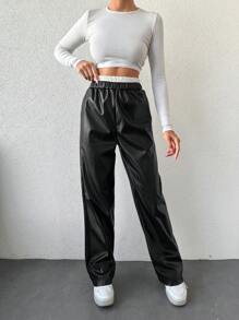 EURMUSE Contrast Elastic Waist PU Leather Pants - Black - View 6