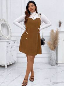 Celure 大碼紐扣細節背帶洋裝無毛衣 - 棕色 - 查看 5