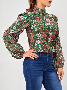 SHEIN VCAY 滿版印花打褶小高領燈籠袖襯衫 - 彩色 - 查看 3