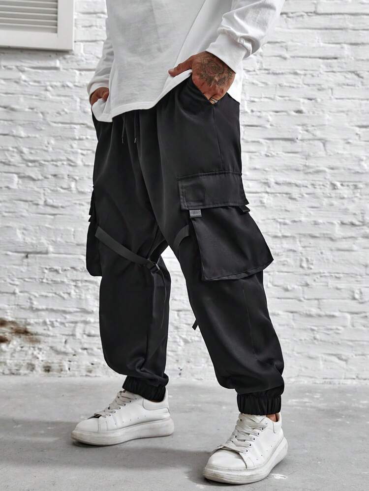 Men's Loose-Fit Cargo Pants With Flap Pockets And Side Drawstring Waist, Plus Size