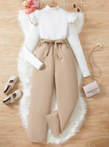 SHEIN 少女荷葉邊 T 恤和束帶褲 - 彩色 - 查看 1