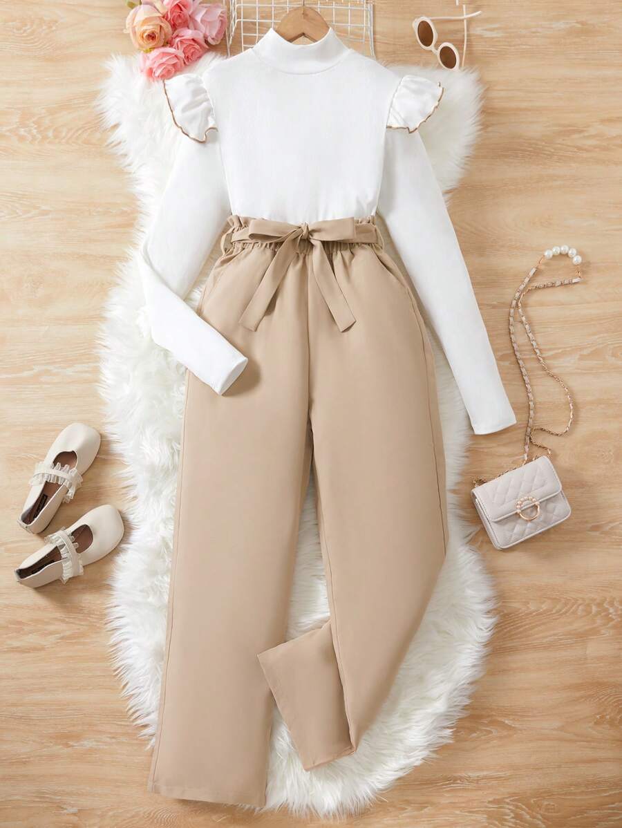 SHEIN 少女荷葉邊 T 恤和束帶褲 - 彩色 - 查看 1