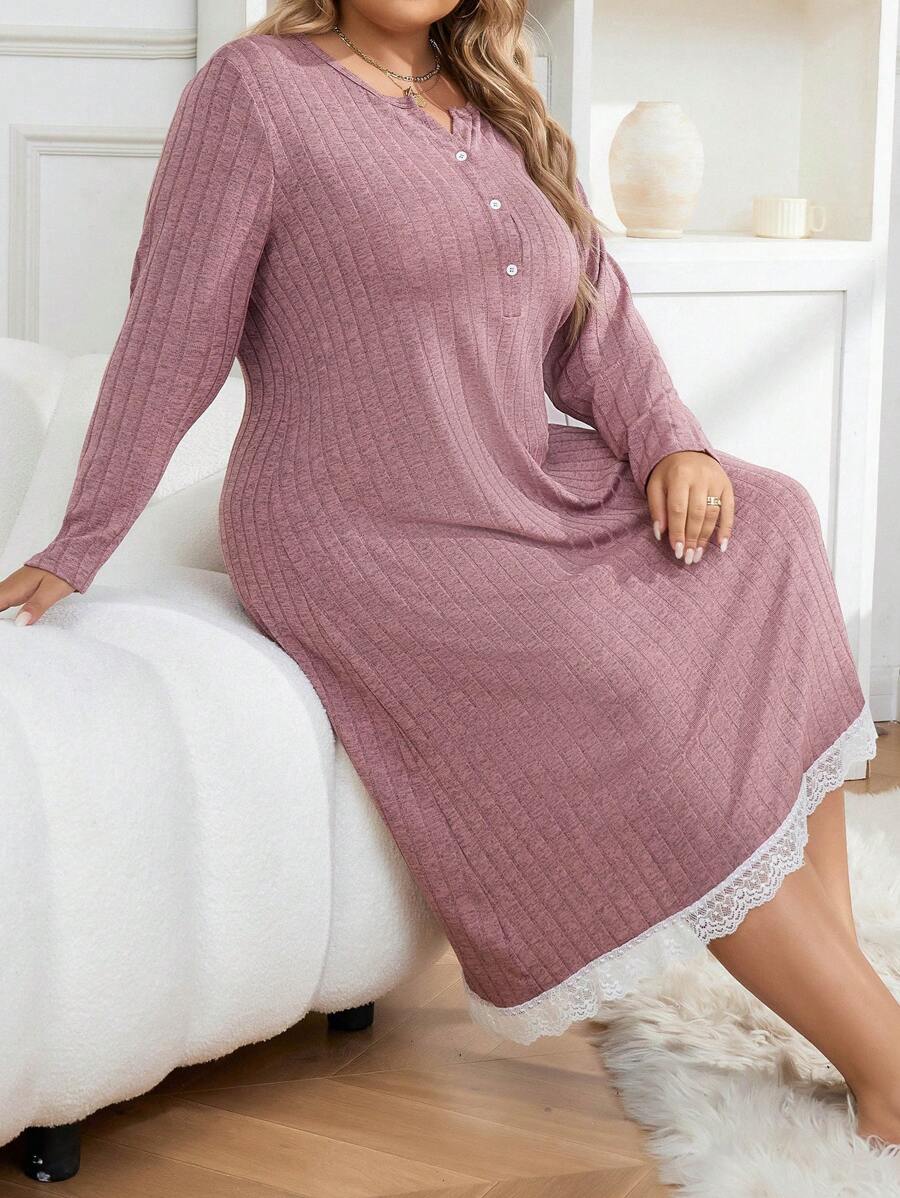 Camiseta De Dormir De Talla Grande Con Botones Y Costillas - Rosa vieja - Ver 1