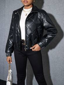SHEIN Essnce 女式冬季纯色 PU 皮革前拉链短款休闲加厚外套 - 黑色 - 查看 1