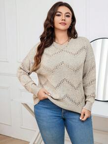 SHEIN LUNE 大碼網眼針織落肩袖套頭毛衣 - 杏色 - 查看 1