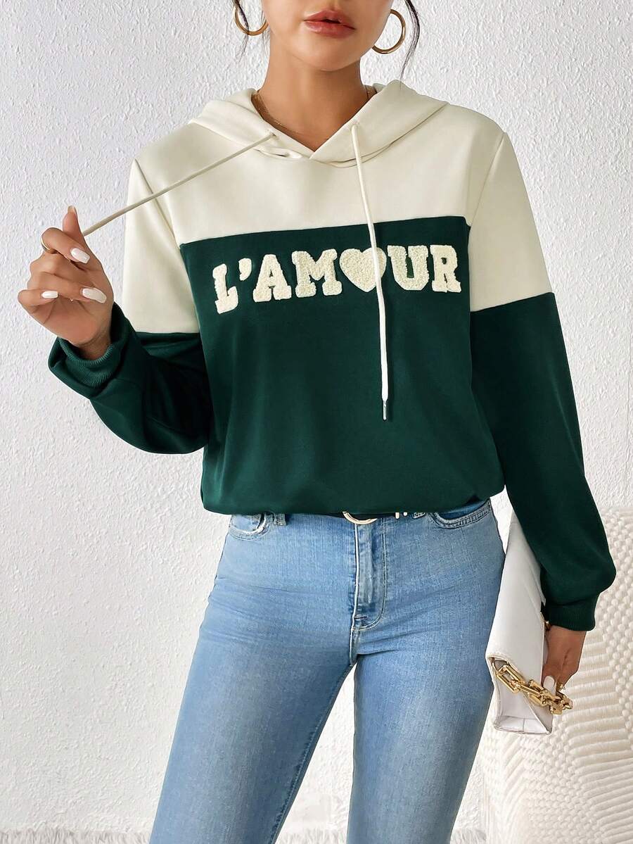SHEIN Frenchy Lá thư Đổ xô Hai âm Dây rút Hoodie - Nhiều màu - Xem 1