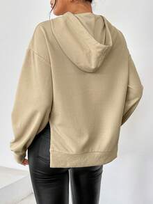 SHEIN Essnce 袋鼠口袋落肩袖下擺開叉抽繩連帽衫 - 杏色 - 查看 2