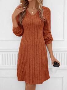 SHEIN LUNE V領燈籠袖條紋針織洋裝 - 鏽棕色 - 查看 6