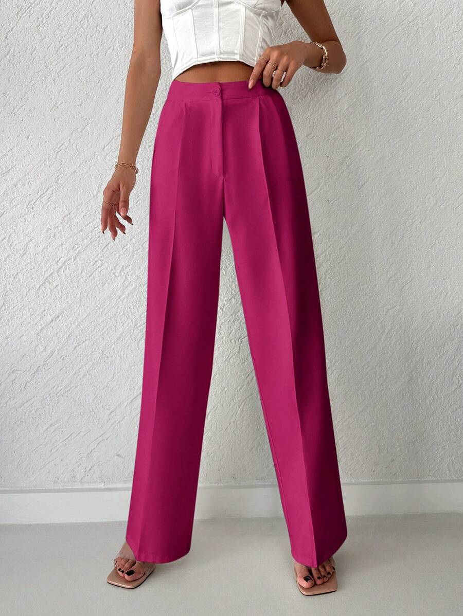 SHEIN Cottnline 女款純色休閒直筒褲 - 玫紅色 - 查看 1