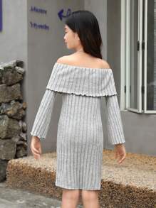 SHEIN Tween Girls' Off Shoulder Flared Sleeve Ribbed Knit Dress - Grey - View 4
