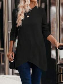 EMERY ROSE Solid Tulip Hem Tee Fall Cloth For Women - Black - View 5