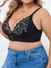 女士大尺碼花邊拼接前扣無鋼圈內衣 - 黑色 - 查看 6