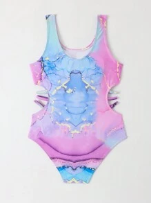 Tween Girl Marble Ombre Graphic Swimsuit, Heart & Style Gradient Pink/Blush Color, One-Piece Design, Great Gift For Valentine's Day'