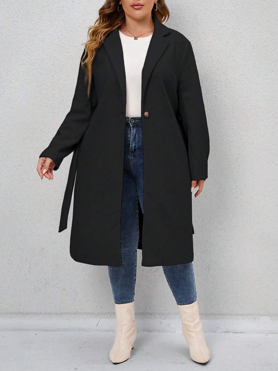 SHEIN Franclia Plus Lapel Neck Belted Overcoat - Black - View 1