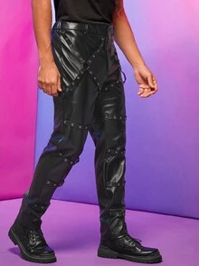 FeverCity Nam Thùa khuyết Chi tiết chất liệu da PU Quần - màu đen - Xem 5