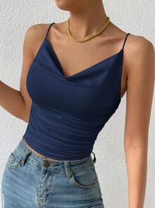 Uhlyne Top camisero elegante con pliegues de ajuste ceñido de color liso - Azul Marino - Ver 8