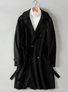 Manfinity Homme 男士寬鬆版型雙排扣大衣配皮帶 - 黑色 - 查看 1