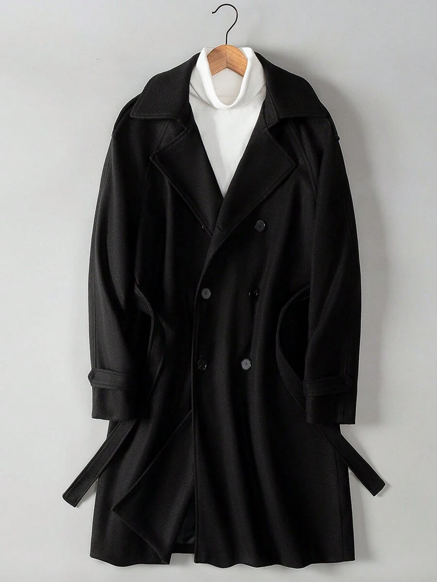 Manfinity Homme 男士寬鬆版型雙排扣大衣配皮帶 - 黑色 - 查看 1