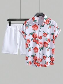 Manfinity Homme 男士花卉印花襯衫和束腰短褲套裝 - 白色 - 查看 2