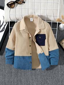 SHEIN 男孩休閒寬鬆拼色長袖襯衫,百搭風格 - 杏色 - 查看 3