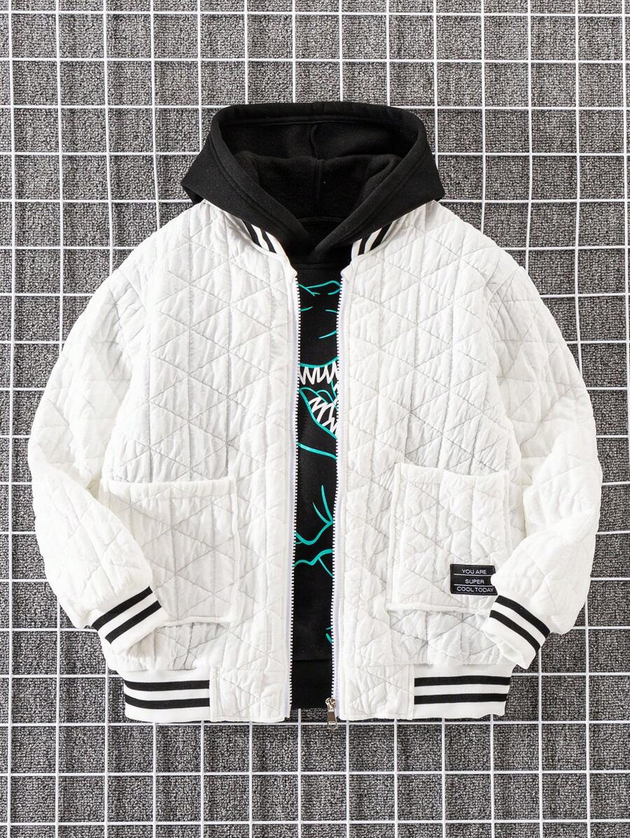 Boys' Casual Striped Diamond Patterned Jacket For Autumn And Winter - White - View 1