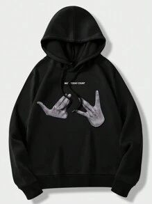 Manfinity Nam Slogan & In tay Dây rút Hoodie - màu đen - Xem 2