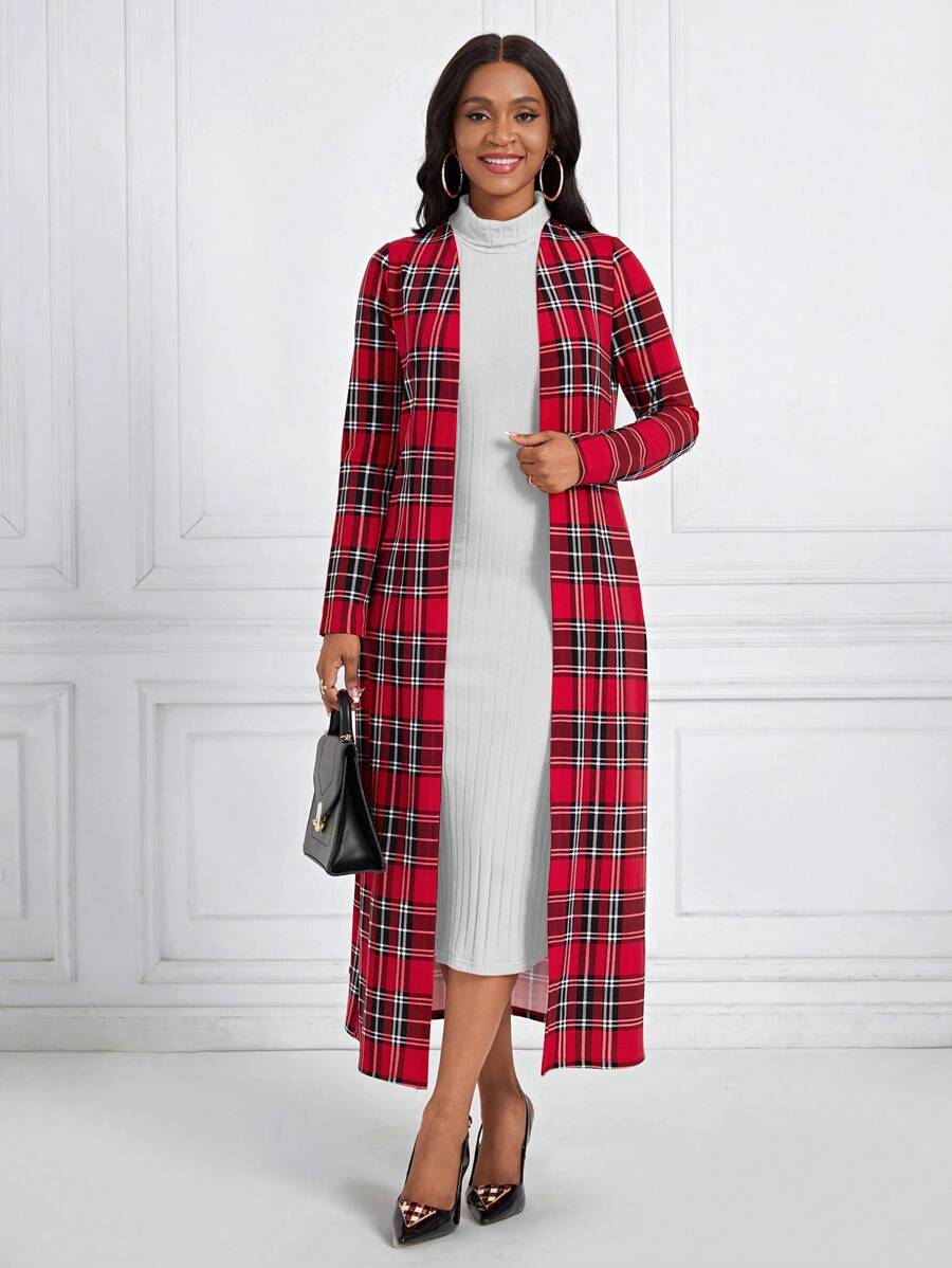 SHEIN Lady Plaid Open Front Coat & Turtleneck Dress - White - View 1