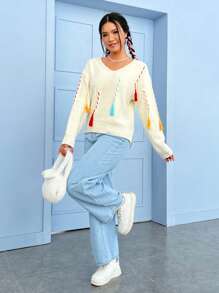 SHEIN EZwear 流蘇細節落肩袖套頭毛衣 - 杏色 - 查看 5