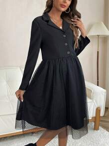 SHEIN Thai sản Nút phía trước Lưới tương phản Đầm - màu đen - Xem 3